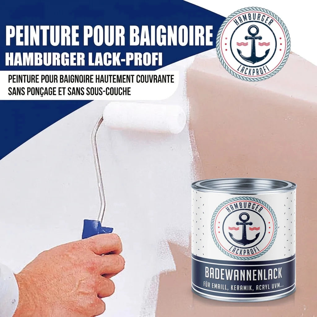 Peinture pour baignoire "Hamburger Lack-Profi" en action. Un rouleau applique la peinture blanche sur une baignoire. La boîte