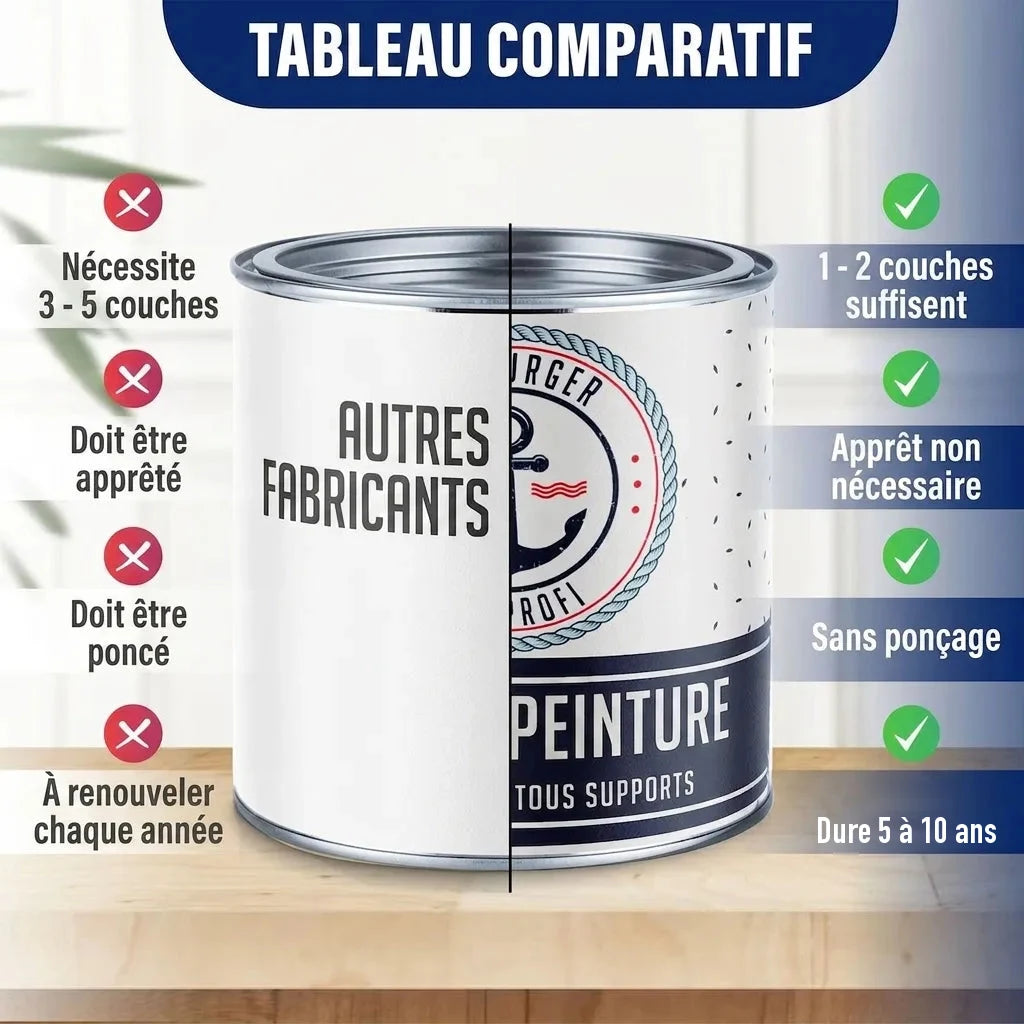 Tableau comparatif de peinture : moins de couches, pas de primaire ni ponçage, dure 5-10 ans.