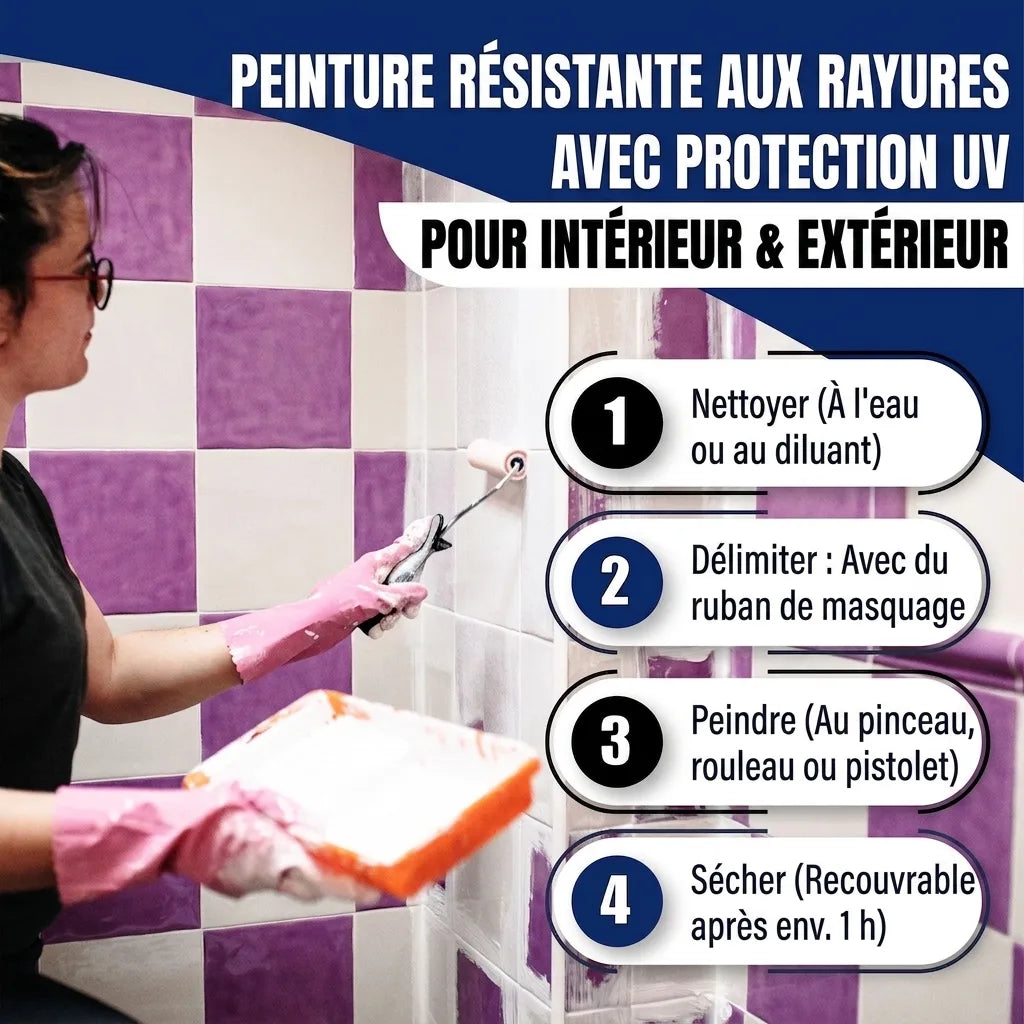Femme peignant des carreaux, explication des 4 étapes d'application pour peinture anti-rayures UV intérieur/extérieur.