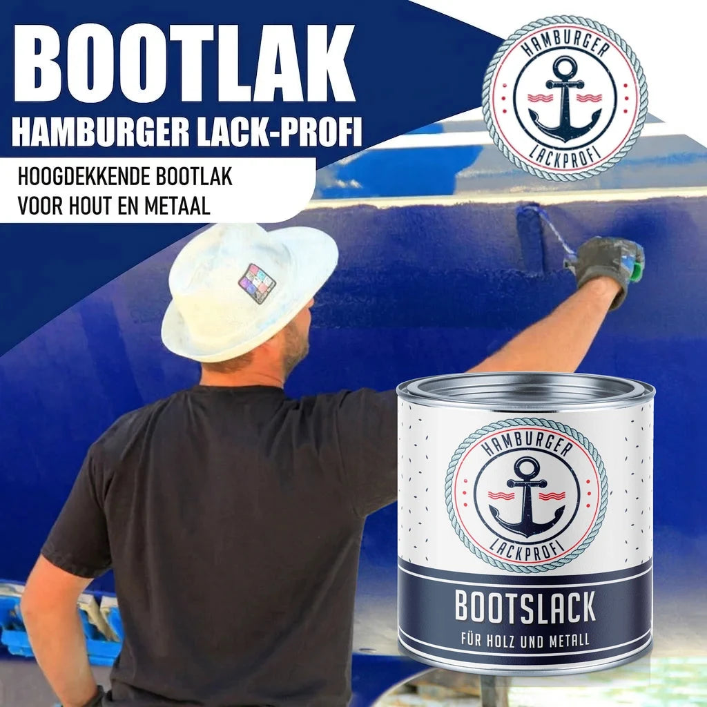 Man schildert een boot met "BOOTLAK" van Hamburger Lack-Profi. Blik toont "BOOTSLACK FÜR HOLZ UND METALL".