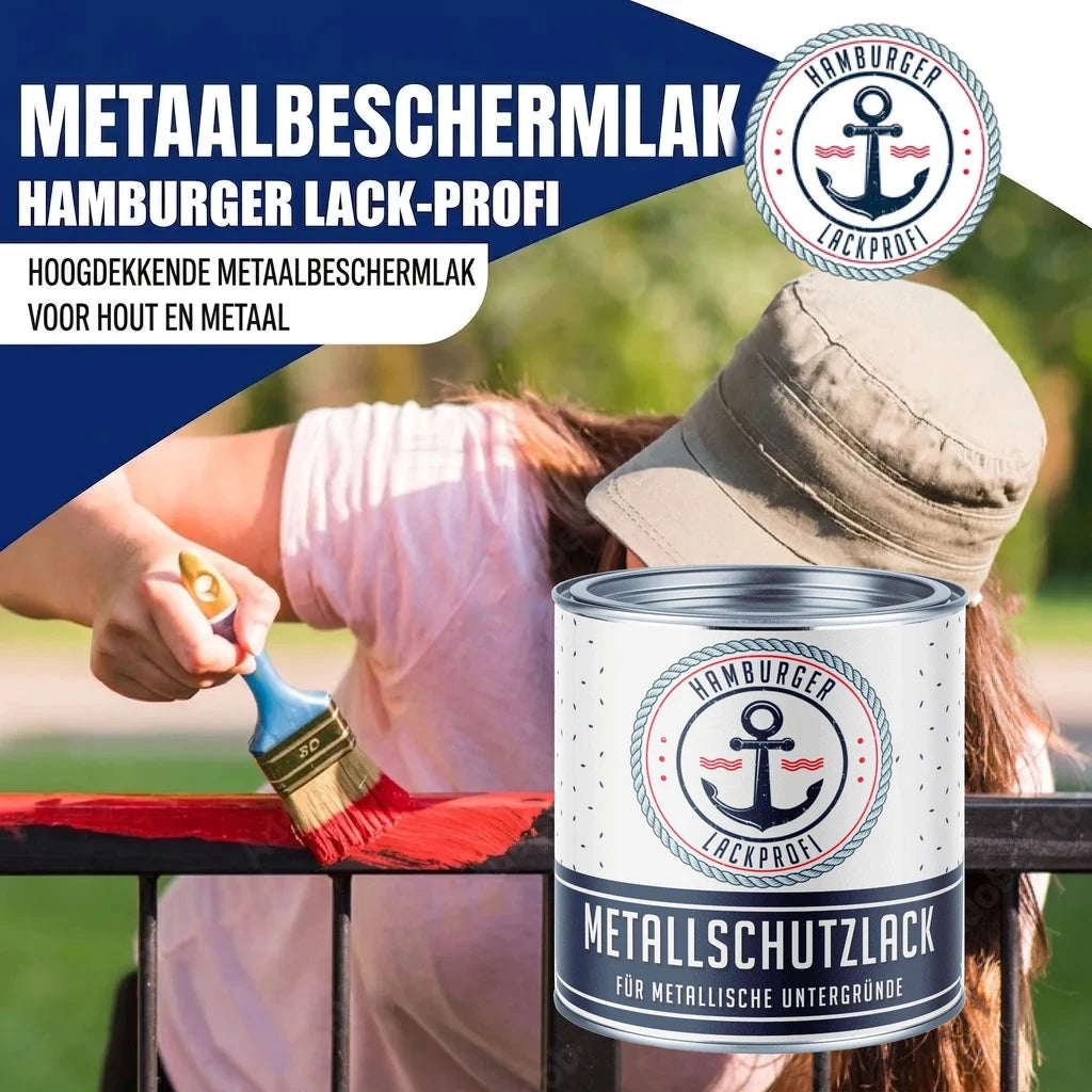 Hamburger Lack-Profi metaallak met verfset X300: vrouw verft een hek rood