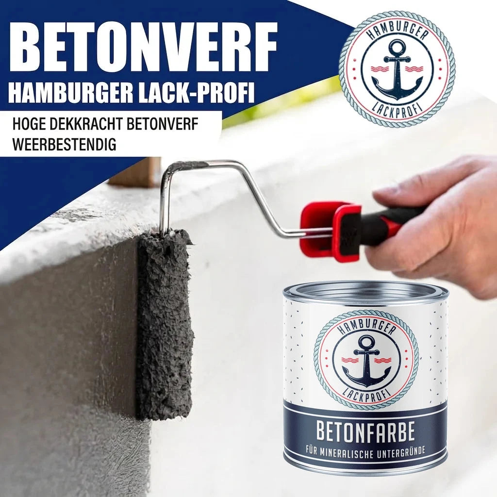 Hamburger Lack-Profi betonverf met verfset X300 en verdunner: hand verft een muur met roller