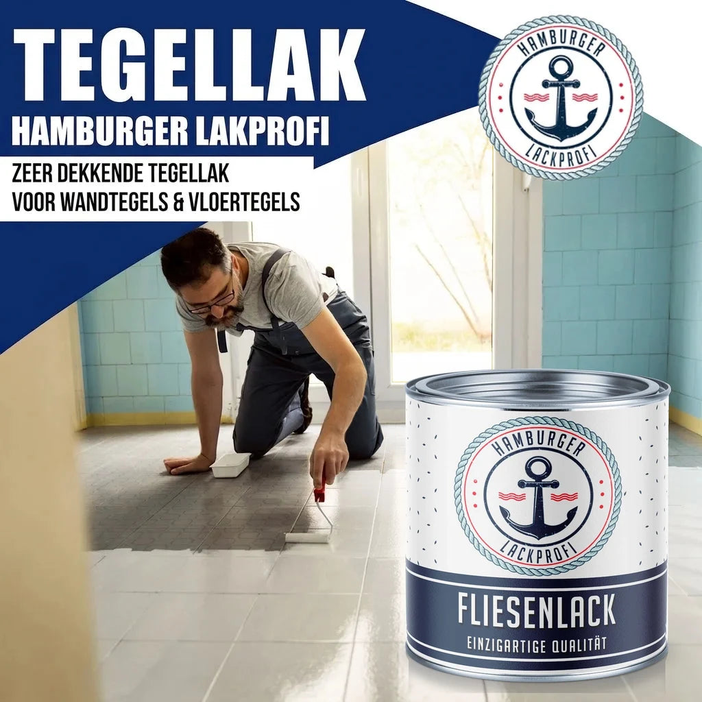 Hamburger Lack-Profi tegelverf wit RAL 9010: man verft vloertegels met tegellak