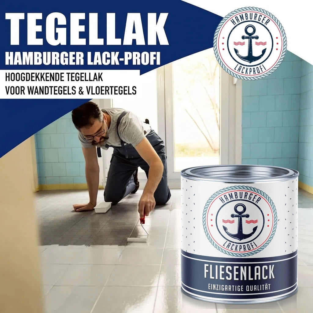 Hamburger Lack-Profi tegelverf zwart RAL 9005: man verft vloertegels, hoogdekkende tegellak