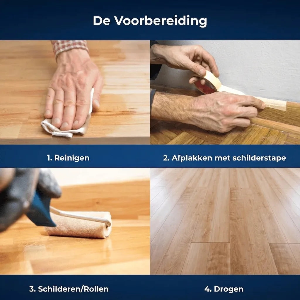 Stappenplan voor houtbehandeling: reinigen, afplakken met tape, aanbrengen verf/lak en laten drogen.