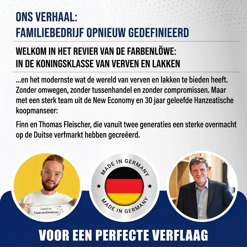 Duitse promotie voor Farbenlöwe, een familiebedrijf voor verf en lak. Toont oprichters en 'Made in Germany' kwaliteitslabel.