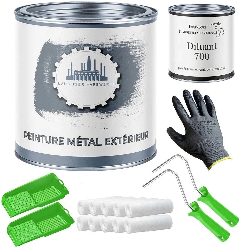 Kit de peinture : pot de laque de protection métal, diluant, gants, bacs et rouleaux.