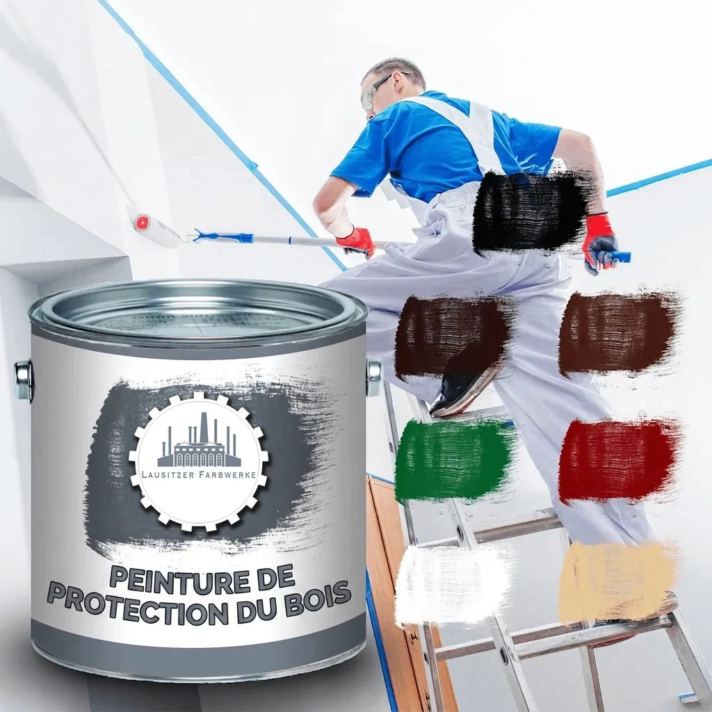 Peintre sur une échelle appliquant la peinture de protection du bois Lausitzer Farbwerke, pot et nuancier