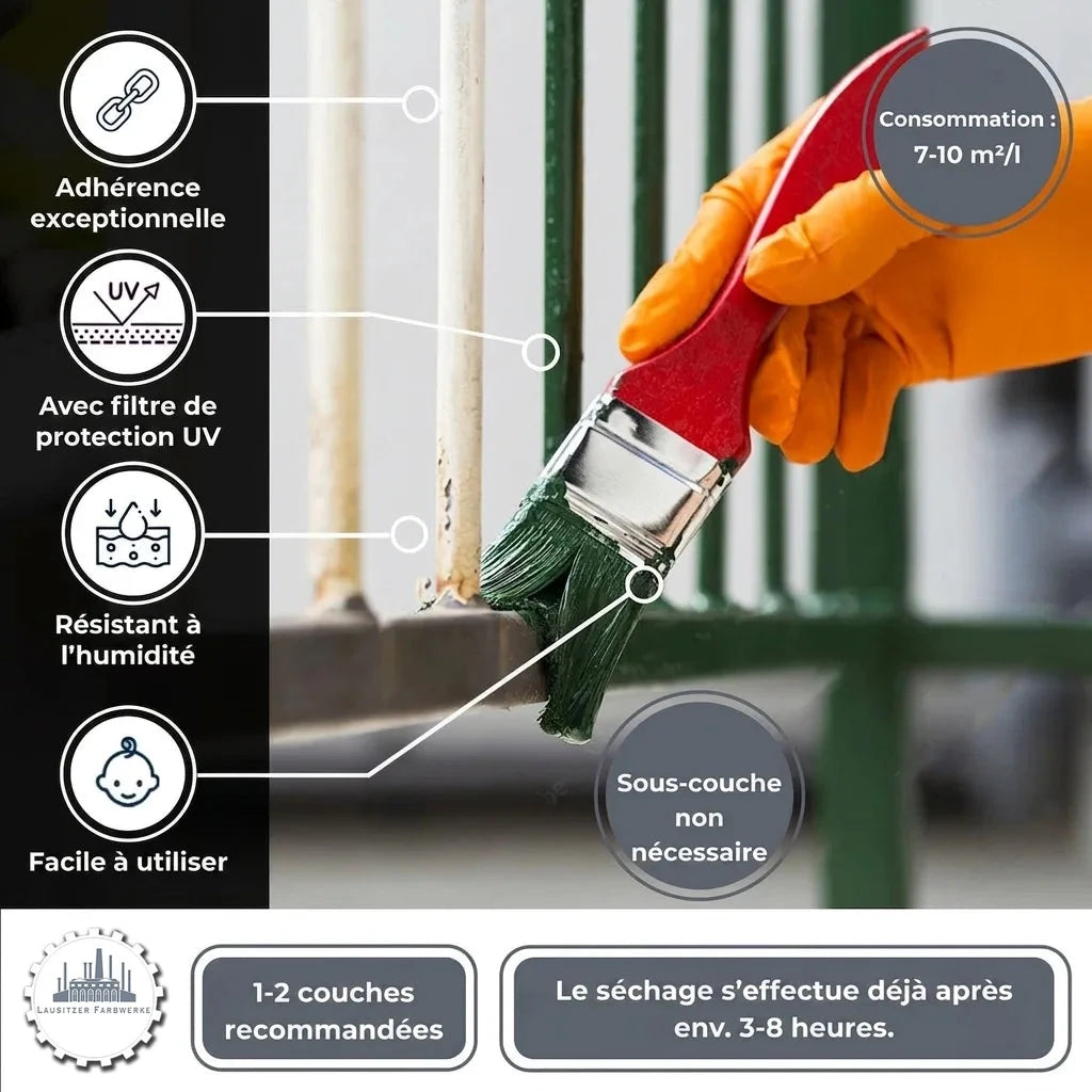 Peinture verte 3 en 1 Lausitzer Farbwerke sur une balustrade en métal : adhérence, UV, humidité, sans primaire