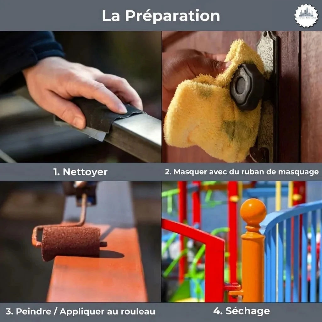 Guide de peinture en 4 étapes : nettoyage, masquage, application au rouleau et séchage des surfaces colorées.