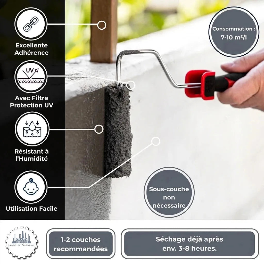 Application peinture béton au rouleau. Caractéristiques : forte adhérence, protection UV, résistant humidité, séchage rapide.