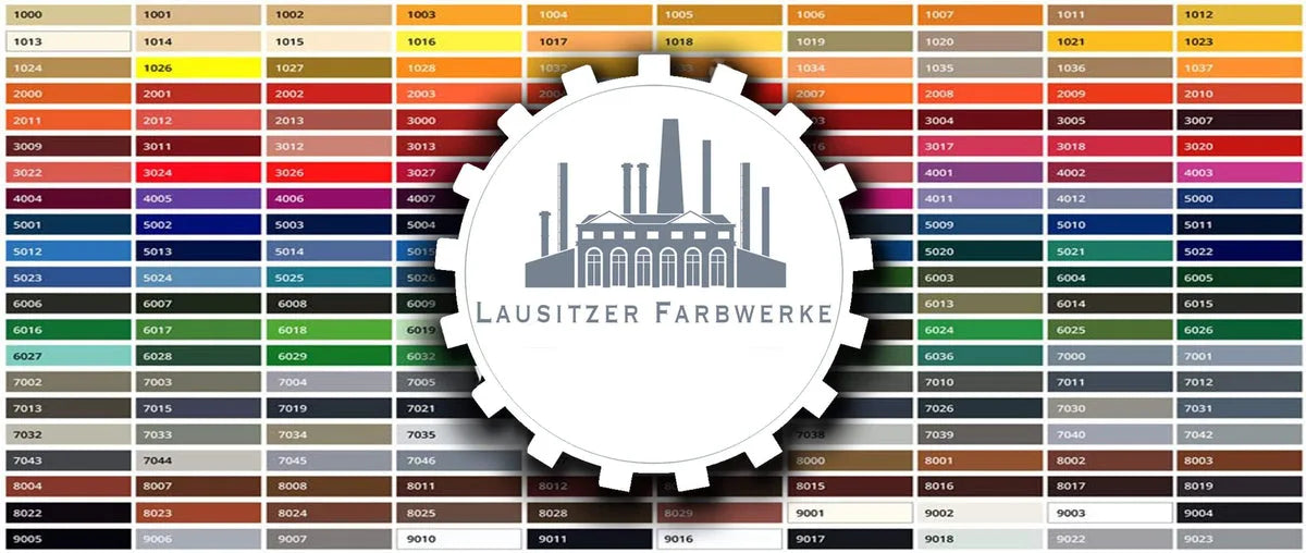 Nuancier de couleurs RAL avec de nombreux échantillons de couleurs et leurs codes numériques. Logo Lausitzer Farbwerke.