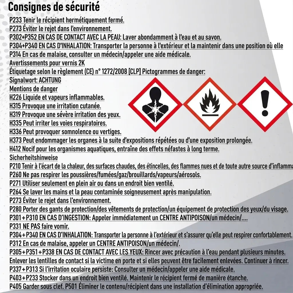 Instructions de sécurité détaillées en allemand pour un produit chimique, avec pictogrammes de danger CLP.