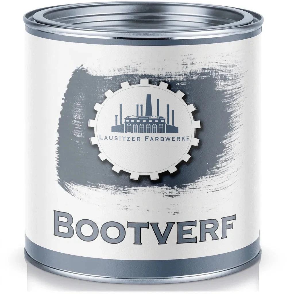 Zilveren verfblik met wit etiket, grijs accent en de tekst 'Bootslack' van Lausitzer Farbwerke.