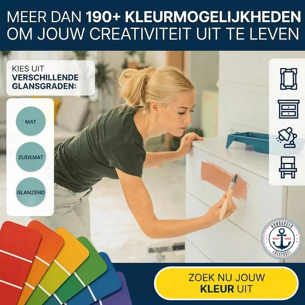 Vrouw verft meubel. Meer dan 190+ kleuren en glansgraden (mat, zijdemat, glanzend) voor jouw creativiteit.