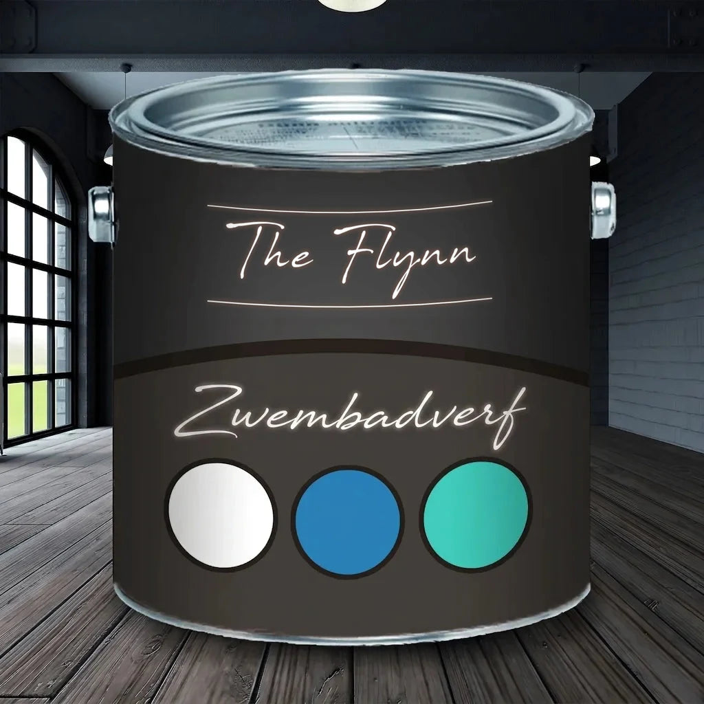 Blik The Flynn zwembadverf in de kleuren wit, blauw en turquoise, staand op een houten vloer.