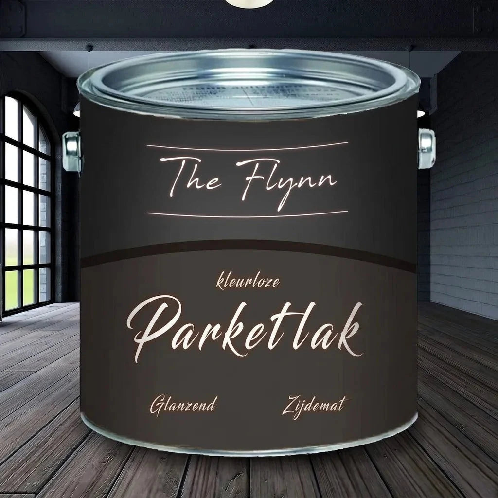 Een blik The Flynn kleurloze parketlak voor houten vloeren, verkrijgbaar in glanzend of zijdemat.