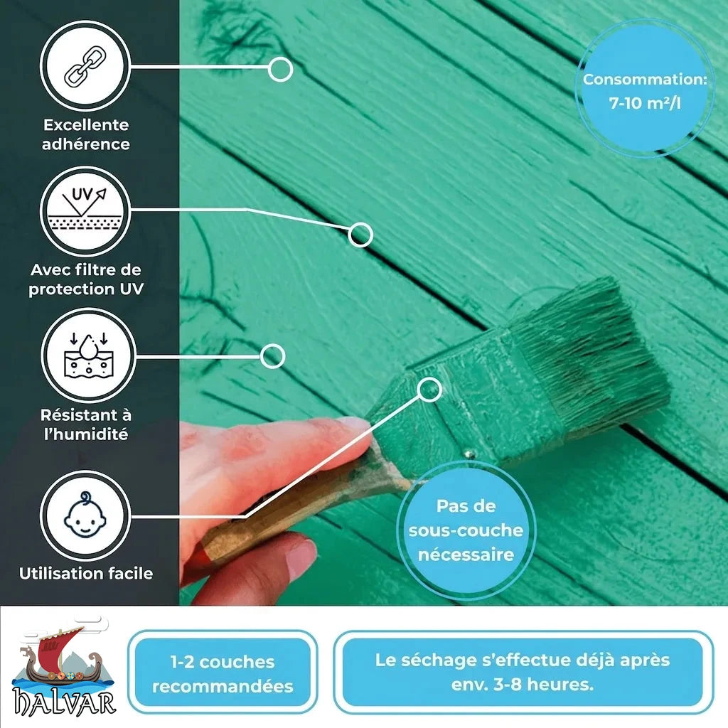 Peinture bois HALVAR verte: excellente adhérence, anti-UV, résistante humidité, facile à appliquer, séchage rapide.