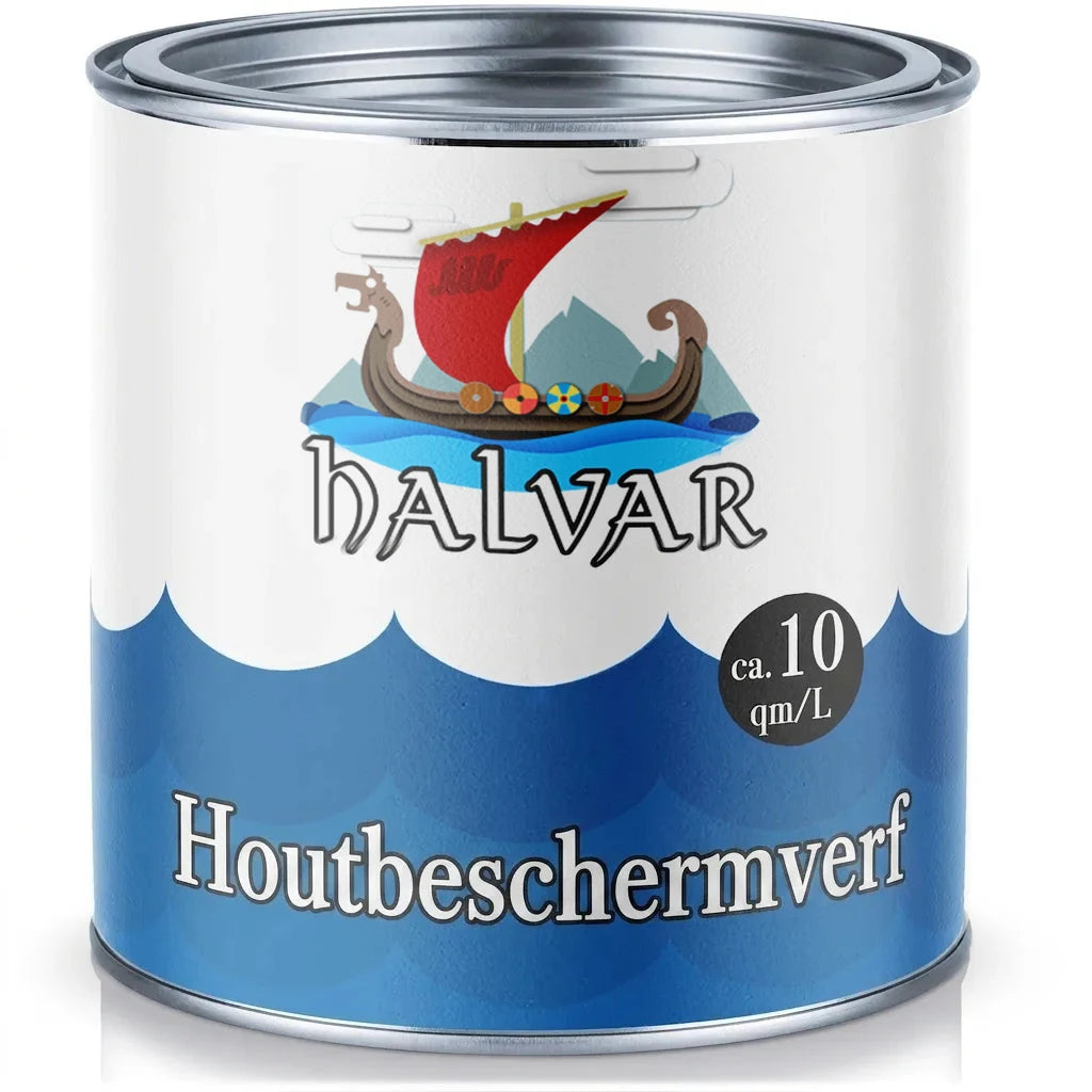 Halvar houtbeschermingsverf blik met vikingschip logo en ca. 10 m²/L rendement.