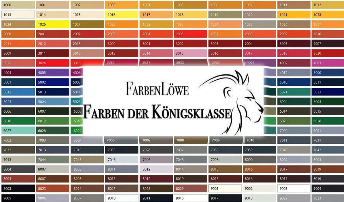 Nuancier de couleurs RAL de FarbenLöwe, présentant codes et échantillons. Slogan: Farben der Königsklasse.