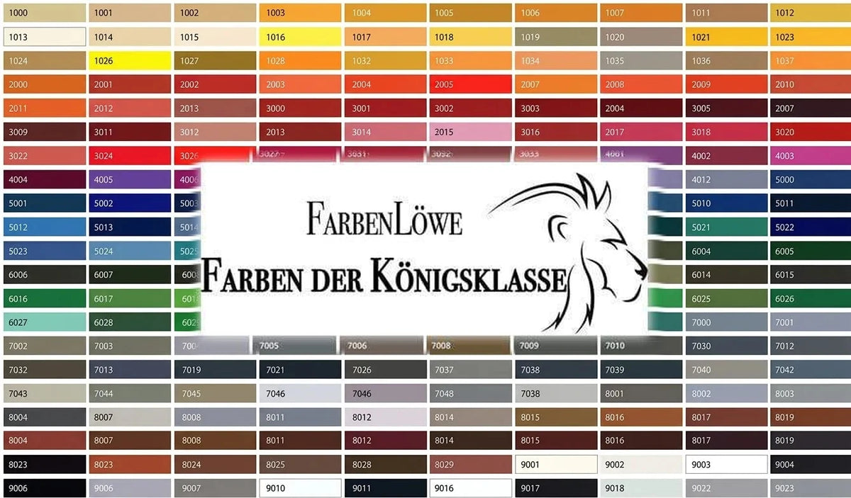 Uitgebreide kleurenkaart van FarbenLöwe met diverse RAL-codes voor lak. Inclusief slogan 'Kleuren van de Koningsklasse' en logo.