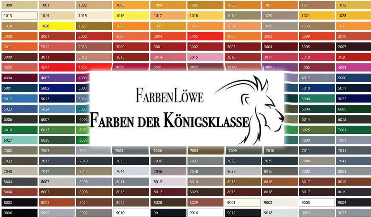 FarbenLöwe RAL kleurenoverzicht. Meer dan 100 kleurstalen van koningsklasse verfkwaliteit.