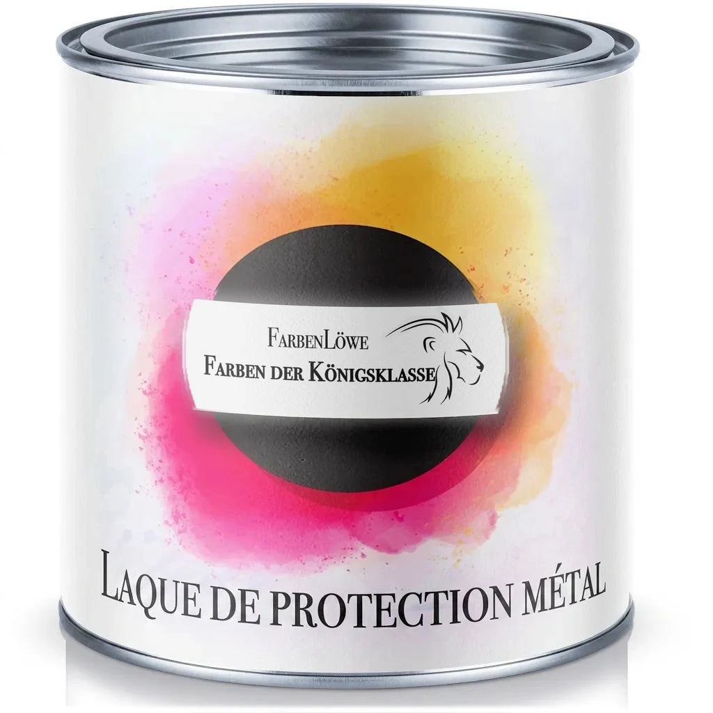 Pot de peinture FarbenLöwe, laque de protection métallique, avec un design coloré et un logo lion.