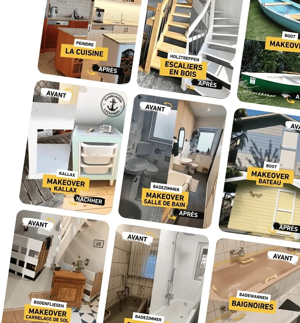 Collage de photos avant/après de rénovations de cuisine, escalier, bateau, salle de bain, Kallax, baignoire.