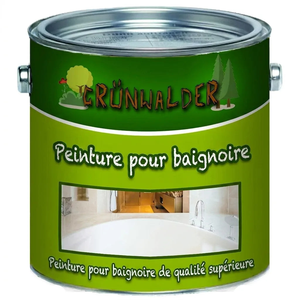 Pot de peinture verte Grünwalder Laque Premium pour baignoire avec image d'une salle de bain moderne.