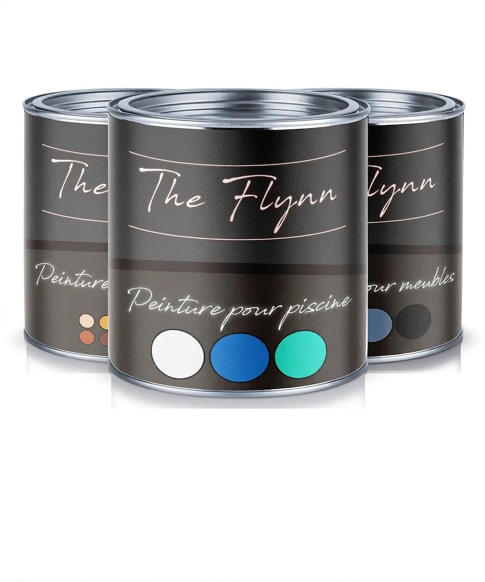 Trois pots de peinture The Flynn pour piscine avec échantillons de couleurs : blanc, bleu, turquoise, gris et noir.
