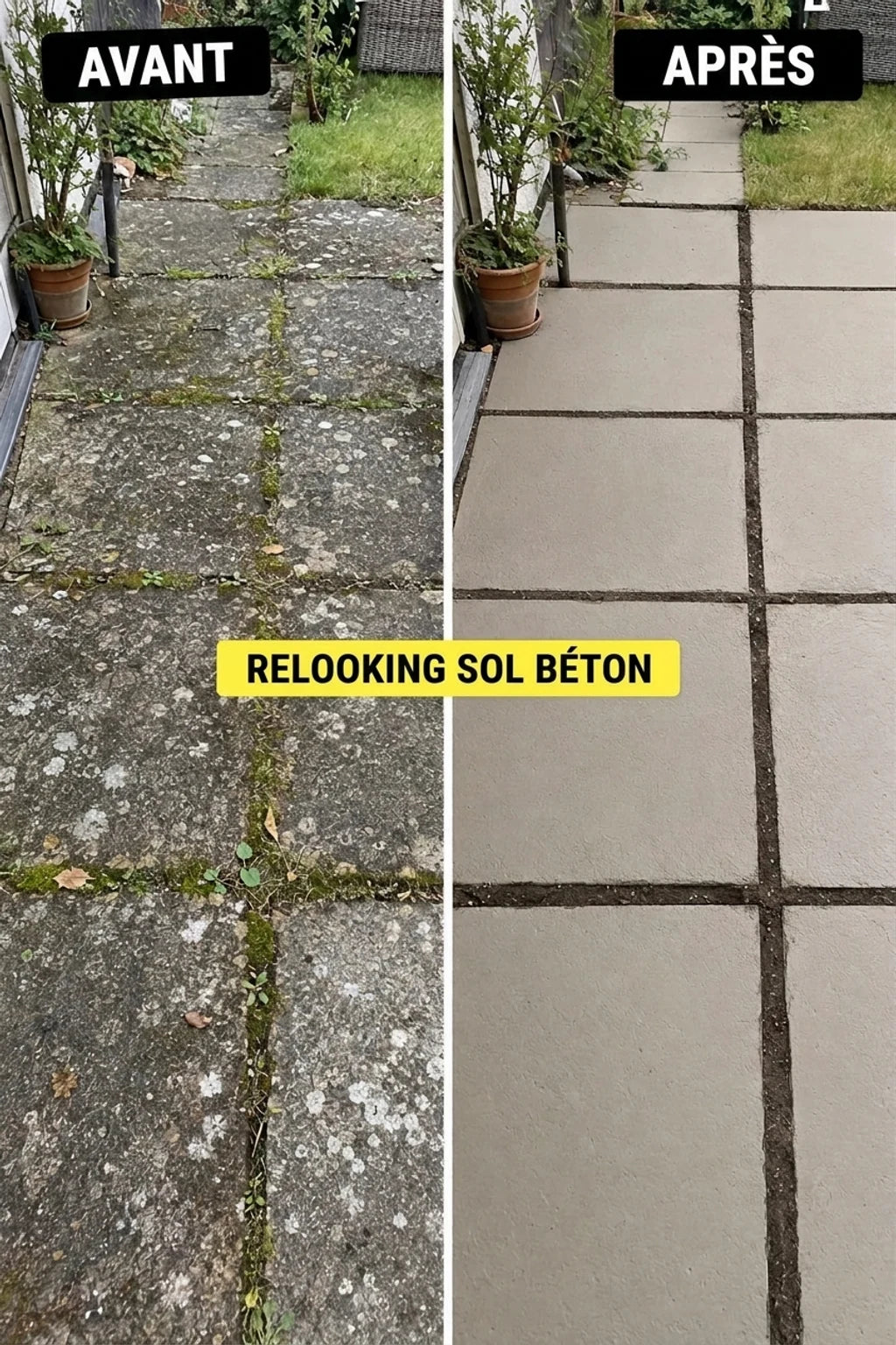 Avant et après : un trottoir en béton sale et envahi par la végétation (avant) et un trottoir en béton propre et rénové (après). Métamorphose d'une surface en béton.