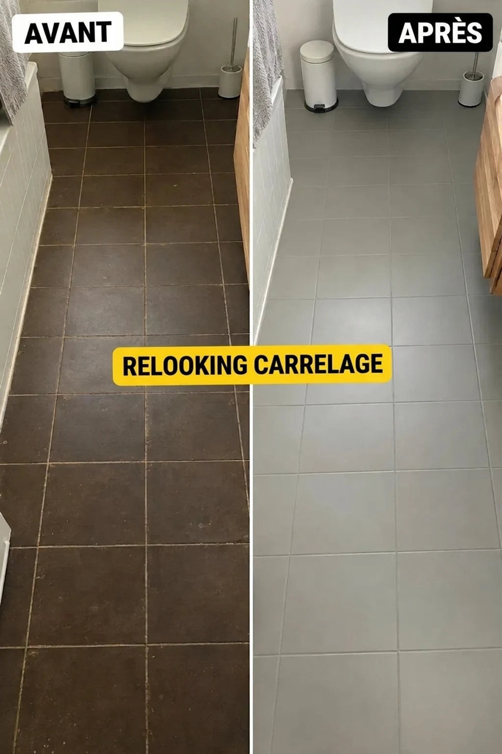 Rénovation de carrelage de salle de bains : comparaison avant et après. Les vieux carreaux sombres remplacés par des nouveaux gris clair.