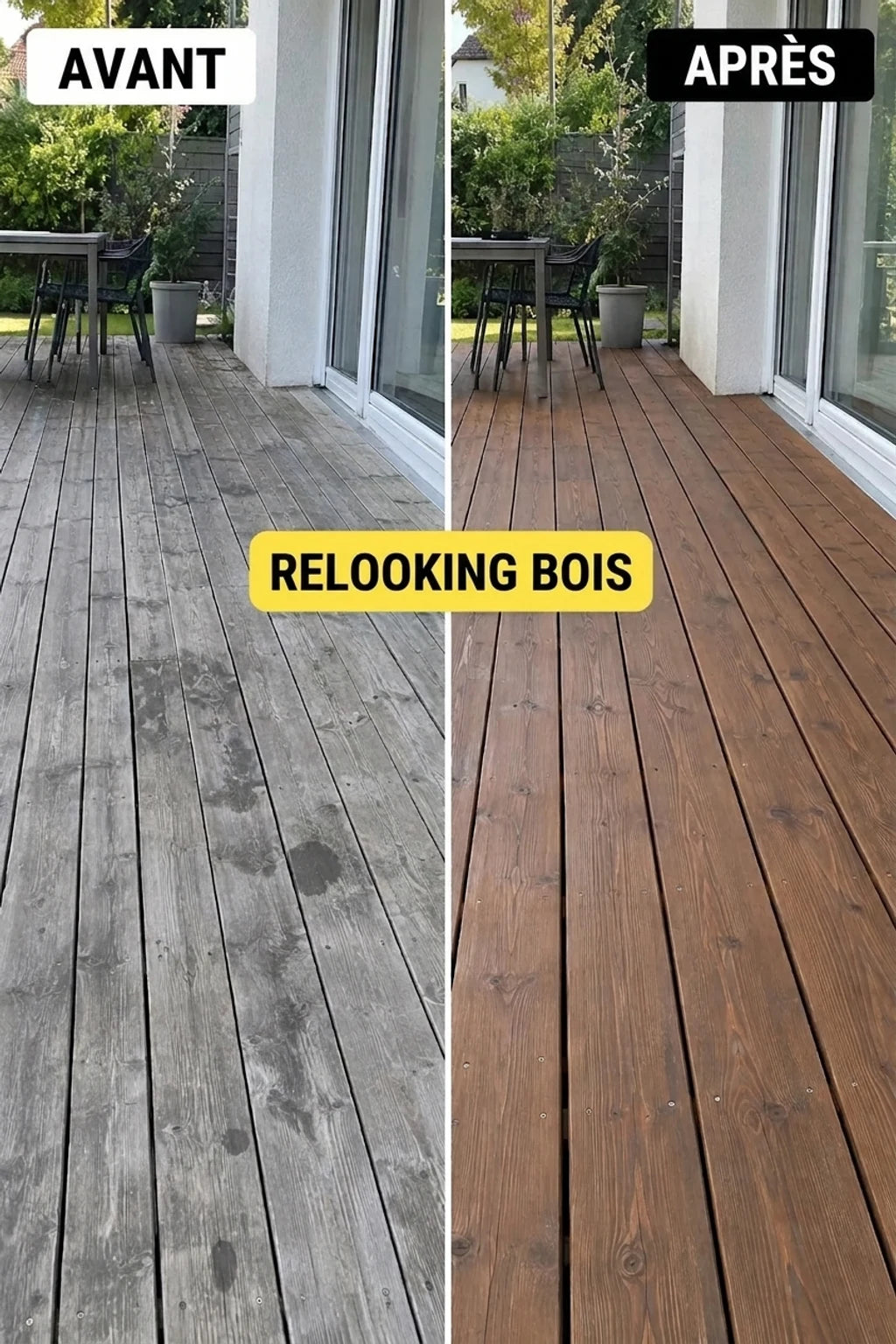 Terrasse en bois avant et après rénovation. Avant : planches grises et altérées. Après : bois rafraîchi, brun et entretenu.