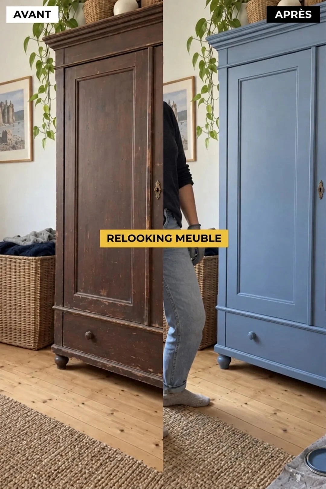 AVANT et APRÈS : Une vieille armoire en bois foncé métamorphosée et repeinte en bleu. Rénovation rapide de meubles.