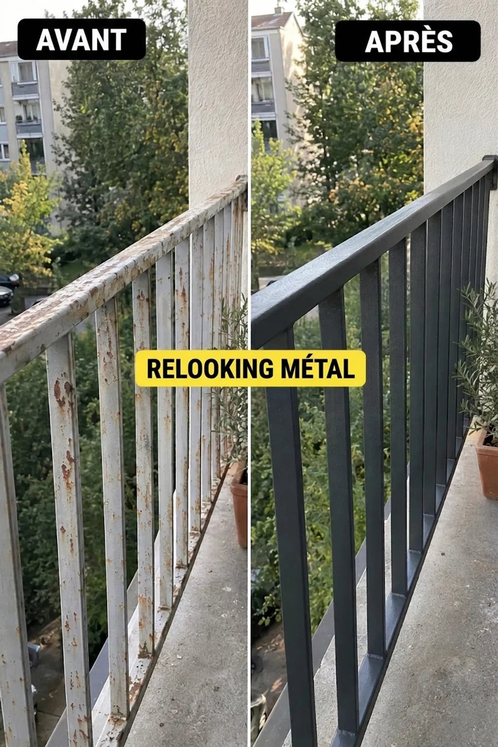Avant et après : une vieille balustrade de balcon métallique rouillée et rénovée, peinte en gris foncé.