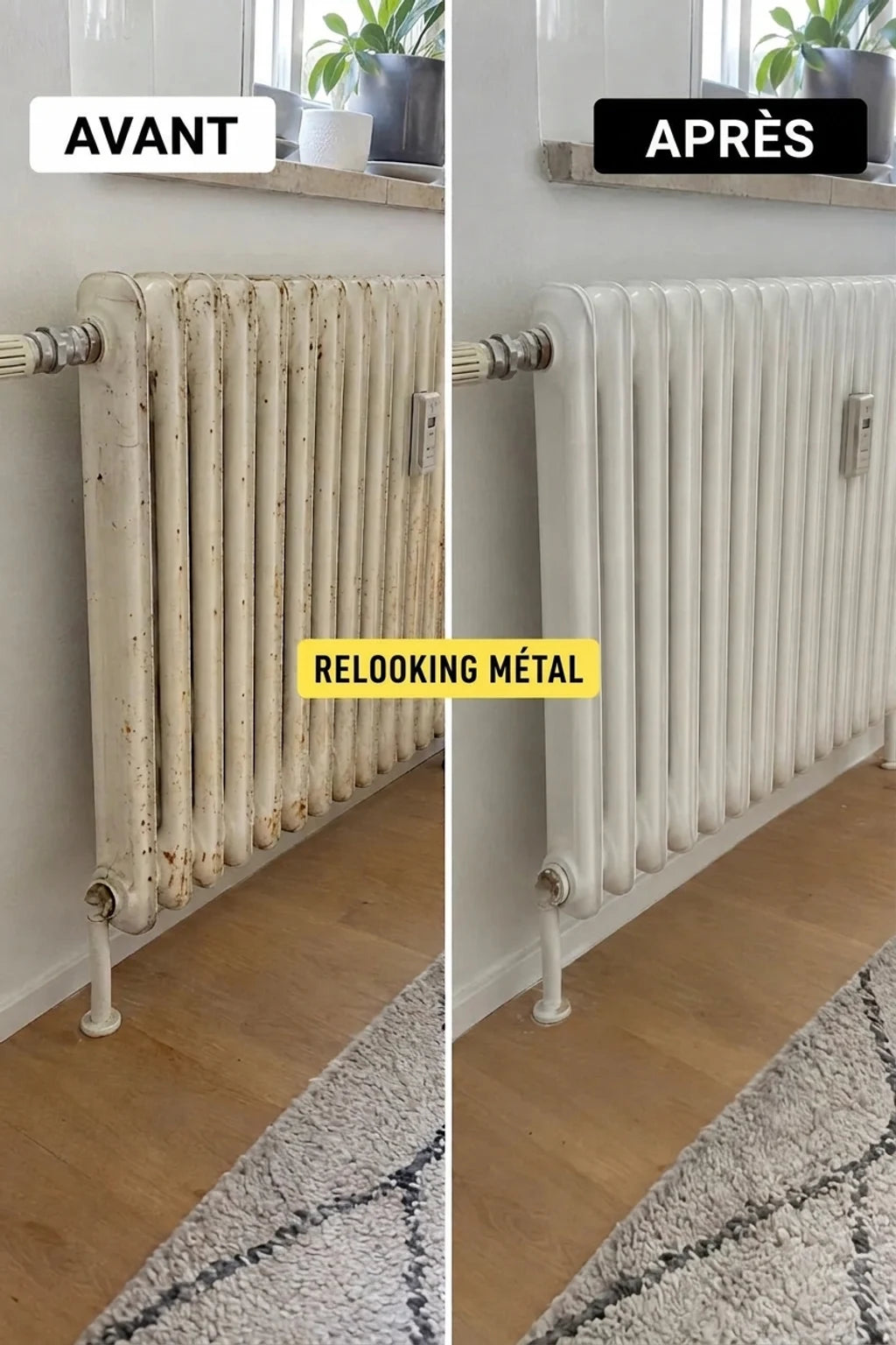 Avant et après : comparaison d'un vieux radiateur blanc rouillé avec un radiateur fraîchement peint et propre.
