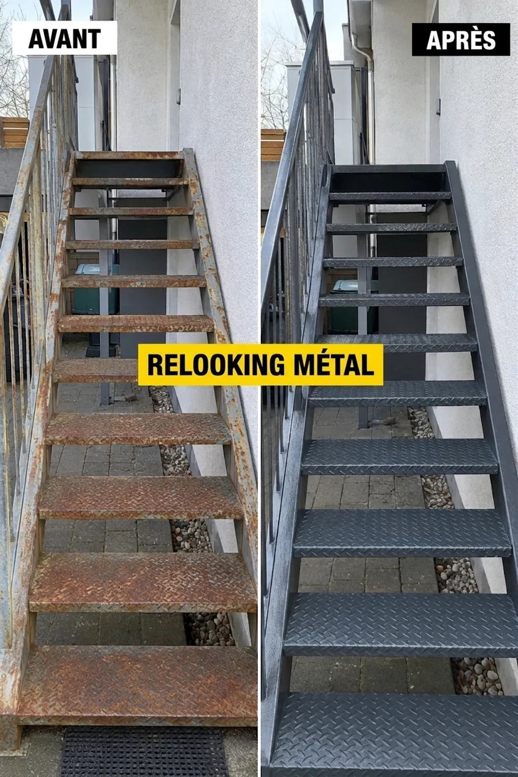 AVANT et APRÈS : Escalier métallique rouillé rénové avec une peinture gris foncé, paraissant neuf.