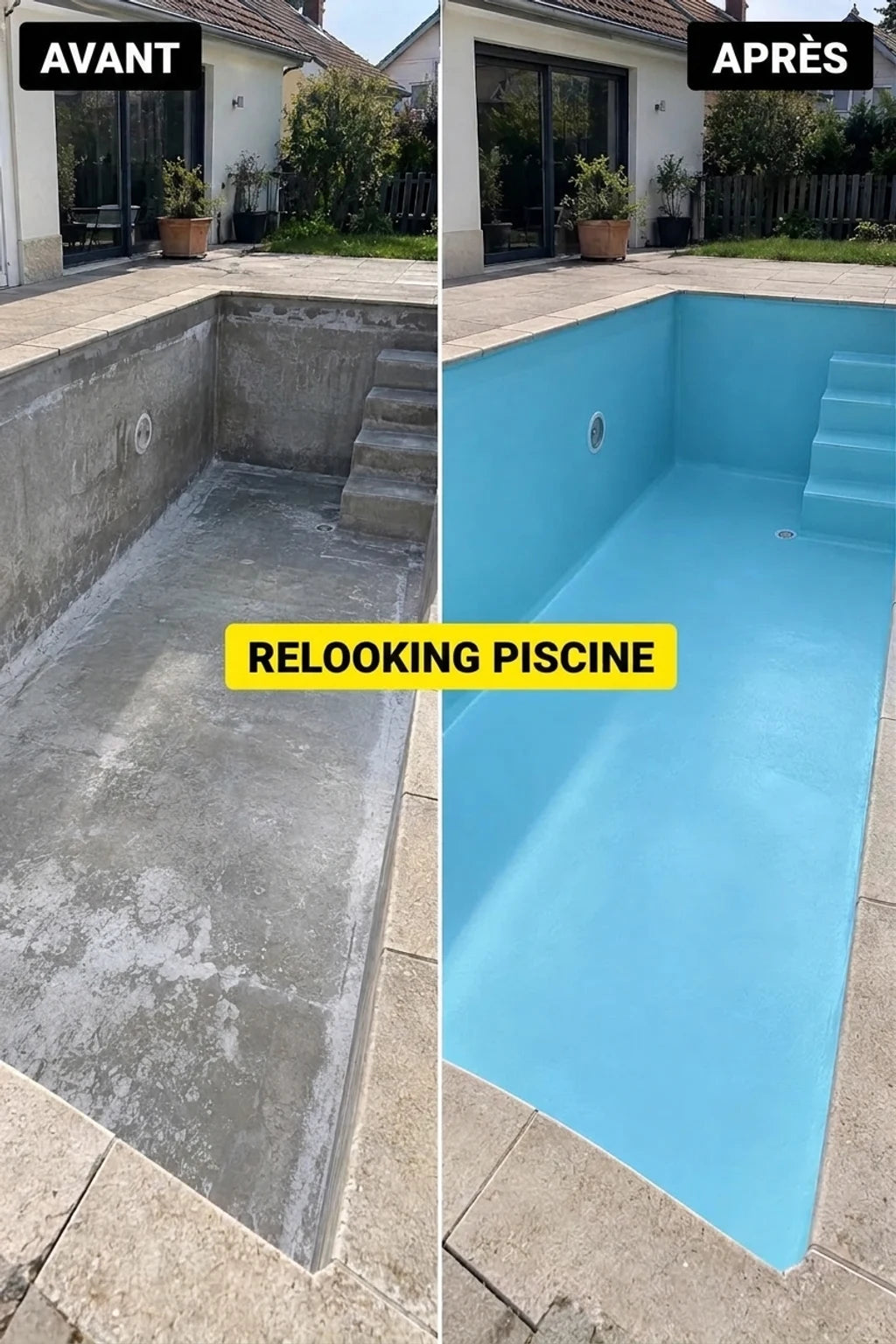 Photo avant et après. À gauche, une vieille piscine en béton sale ; à droite, une piscine rénovée en bleu clair.