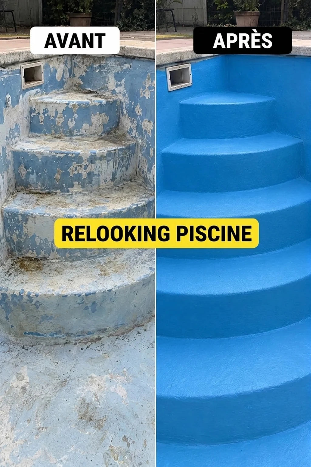 Photo comparative avant et après rénovation de piscine : vieux escaliers bleus écaillés vs. nouveaux, lisses, bleu clair.