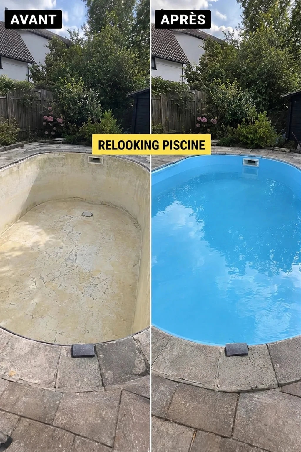 Métamorphose d'une piscine : piscine sale et vide avant rénovation et propre, remplie d'eau bleue après.