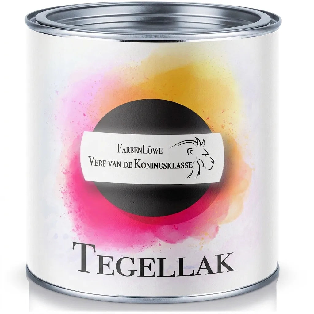 Blik FarbenLöwe tegellak. Koningsklasse verf met leeuwenlogo op wit etiket met kleurige spatten.