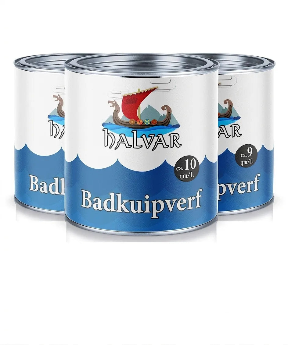 HALVAR Badkuipverf en Tegelverf in blikken, met logo van Vikingschip op golven, ca. 10m²/L dekking.