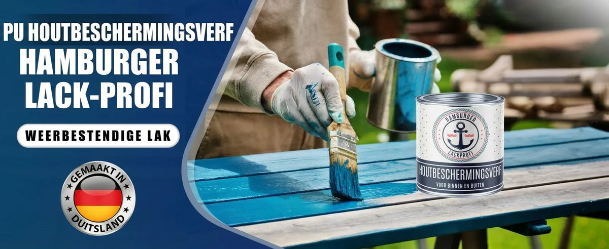 Persoon schildert houten tafel blauw met Hamburger Lack-Profi PU houtbeschermingsverf, weerbestendig, Made in Germany.