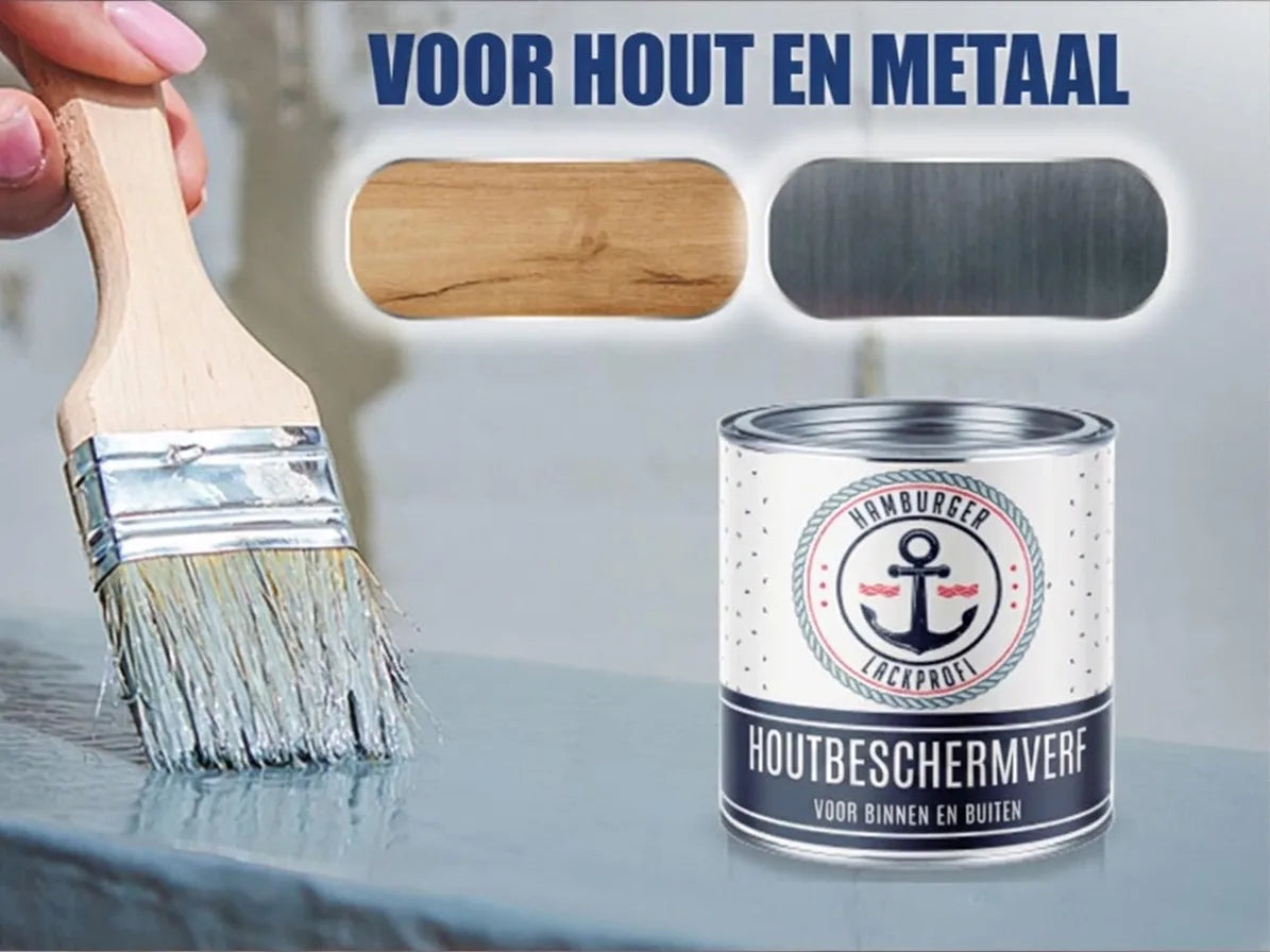 Kwast verft oppervlak. Blik Hamburger Holzschutzfarbe voor hout én metaal. Ideaal voor binnen en buiten.