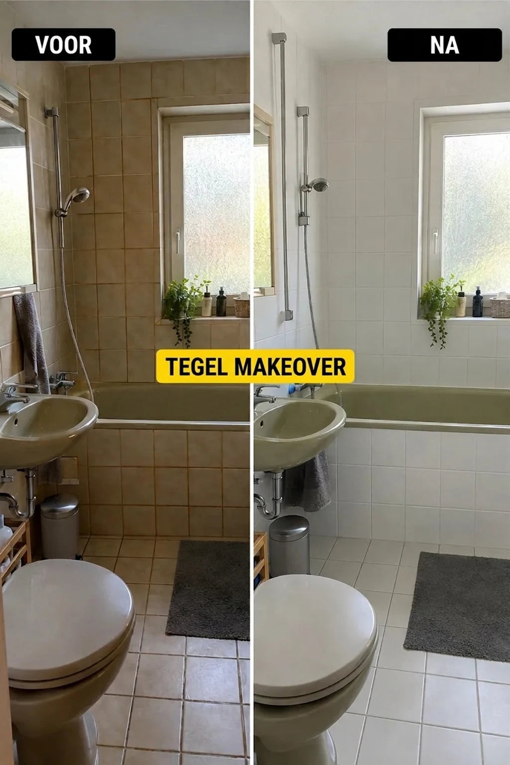 Badkamer voor en na metamorfose: oude beige tegels hebben plaatsgemaakt voor lichtwitte, waardoor de ruimte is opgefrist.