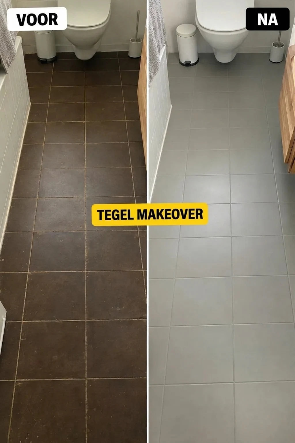 Renovatie van badkamertegels: vergelijking voor en na. Oude, donkere tegels vervangen door nieuwe, lichtgrijze.