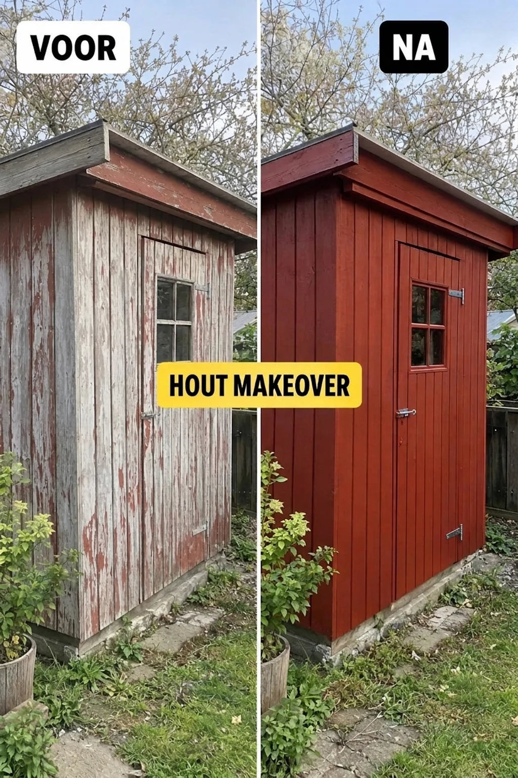 VOOR en NA: Renovatie van een houten schuur met afbladderende verf naar een vers geschilderd intens rood.