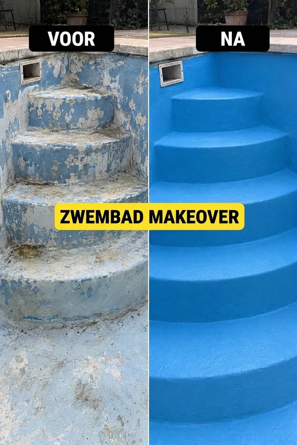Vergelijkingsfoto voor en na renovatie van een zwembad: oude, afbladderende blauwe trap vs. nieuwe, gladde, lichtblauwe.