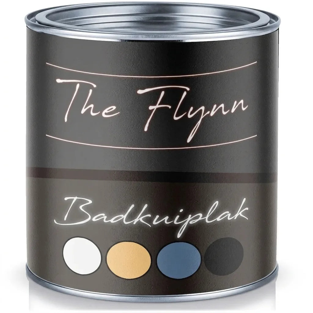 Verfblik 'The Flynn' badkuipverf met witte, gele, blauwe en zwarte kleurstalen.