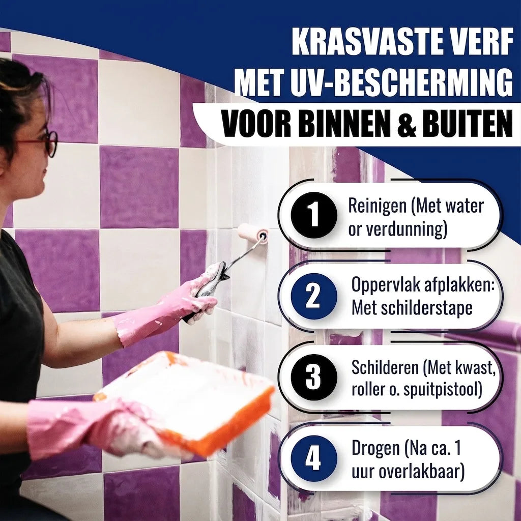 Vrouw schildert tegels wit. Afbeelding toont krasvaste verf met UV-bescherming voor binnen en buiten, met 4 instructiestappen.